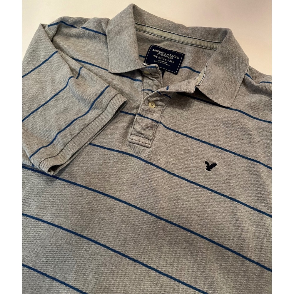 American Eagle Outfitters Men's The Eagle Polo Shirt Gray Blue Stripe Size XL - Picture 3 of 6